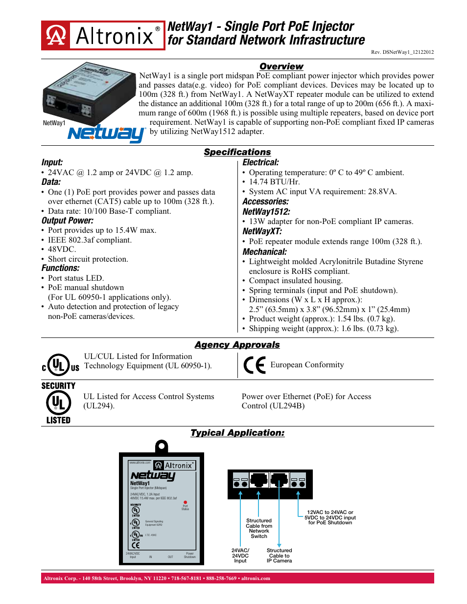 Altronix NetWay1 Data Sheet User Manual | 1 page