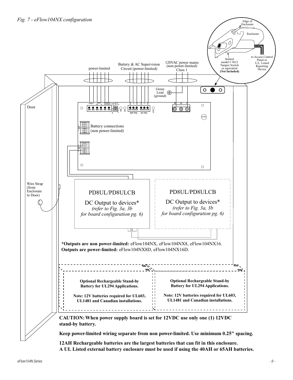 Dc output to devices, Pd8ul/pd8ulcb dc output to devices, Pd8ul/pd8ulcb | Fig. 7 - eflow104nx configuration, Door, Battery connections (non power-limited) | Altronix eFlow104NX16D Installation Instructions User Manual | Page 9 / 16