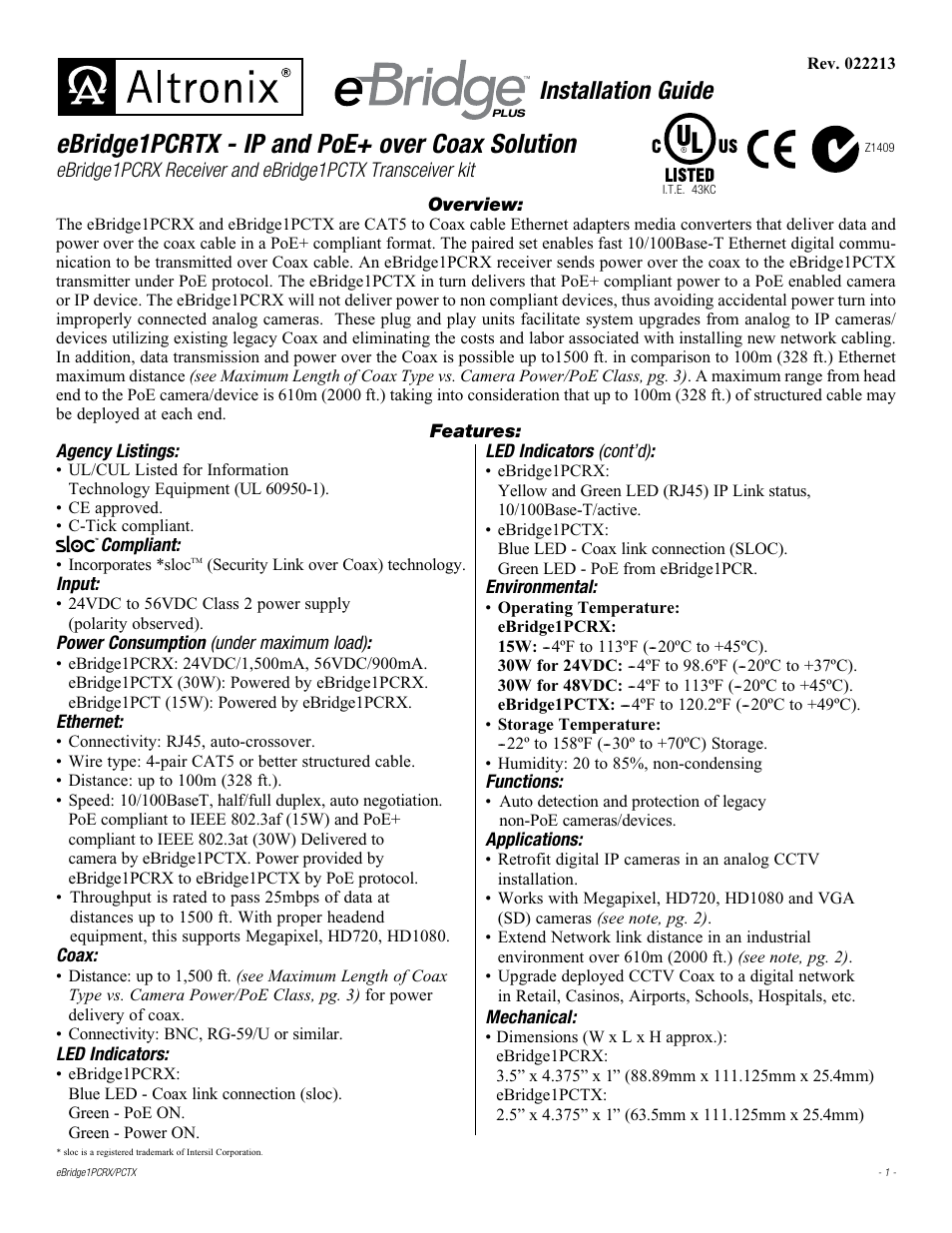 Altronix eBridge1PCRTX Installation Instructions User Manual | 4 pages