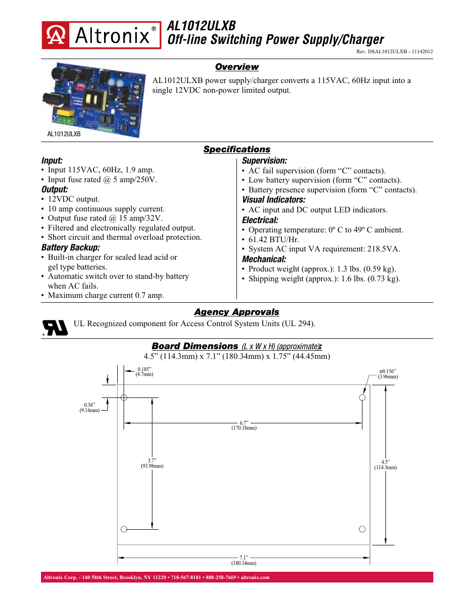 Altronix AL1012ULXB Data Sheet User Manual | 1 page