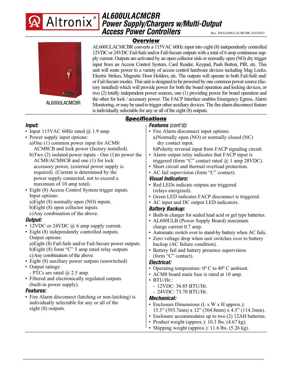 Altronix AL600ULACMCBR Data Sheet User Manual | 2 pages