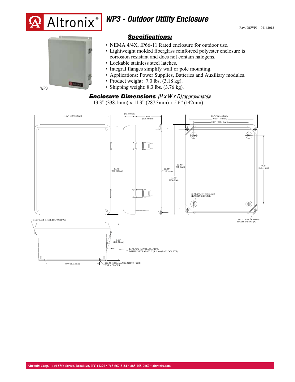 Altronix WP3 Data Sheet User Manual | 1 page