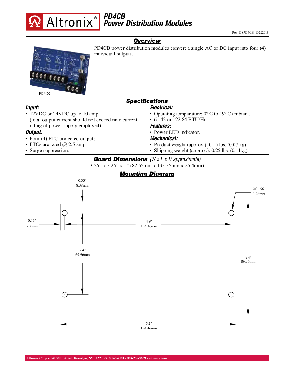 Altronix PD4CB Data Sheet User Manual | 1 page