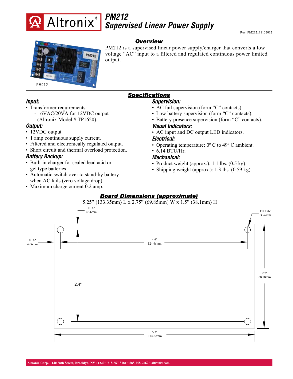 Altronix PM212 Data Sheet User Manual | 1 page
