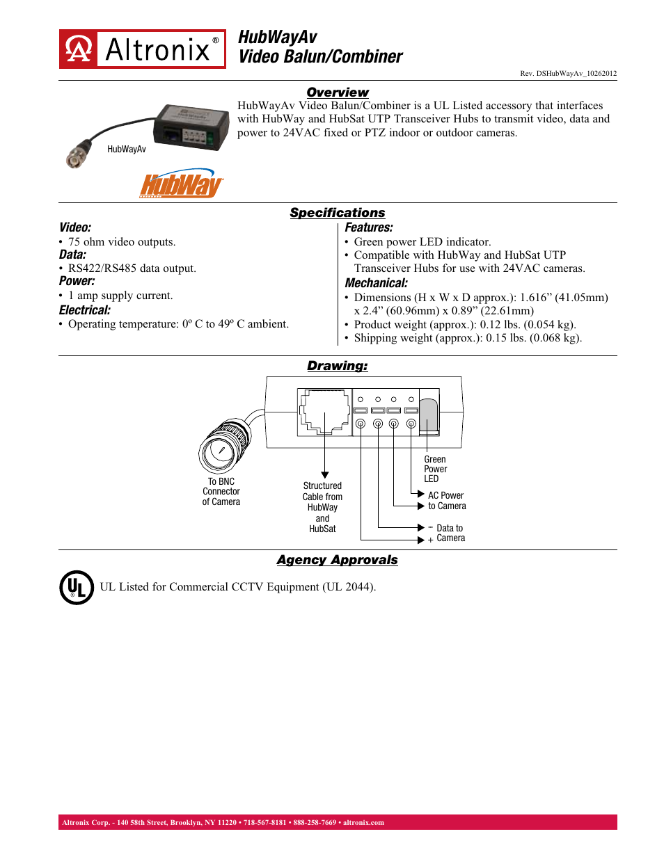 Altronix HubWay Av Data Sheet User Manual | 1 page