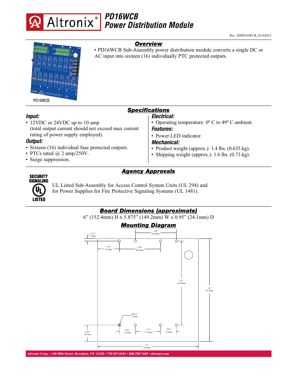 Altronix PD16WCB Data Sheet User Manual | 1 page