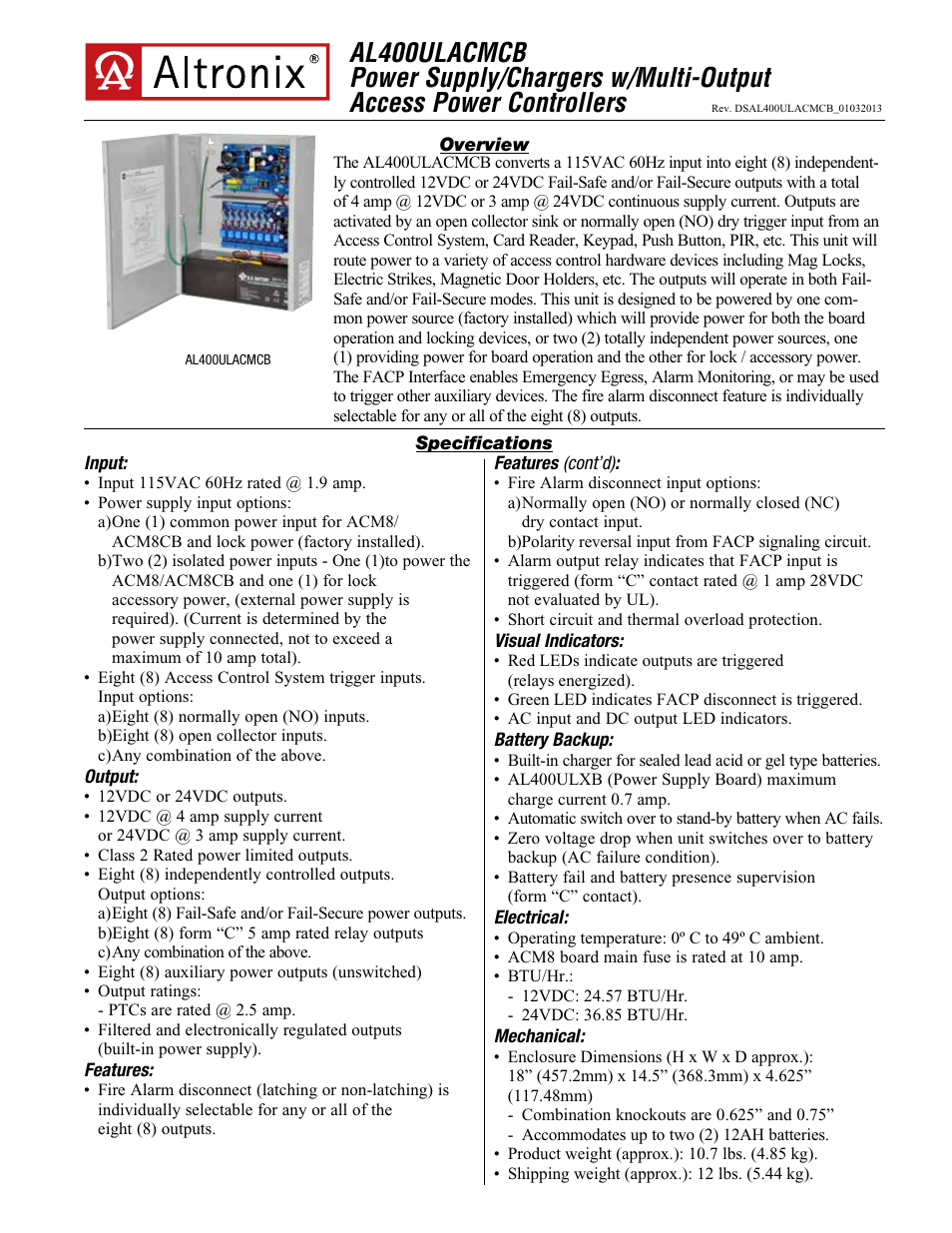 Altronix AL400ULACMCB Data Sheet User Manual | 2 pages