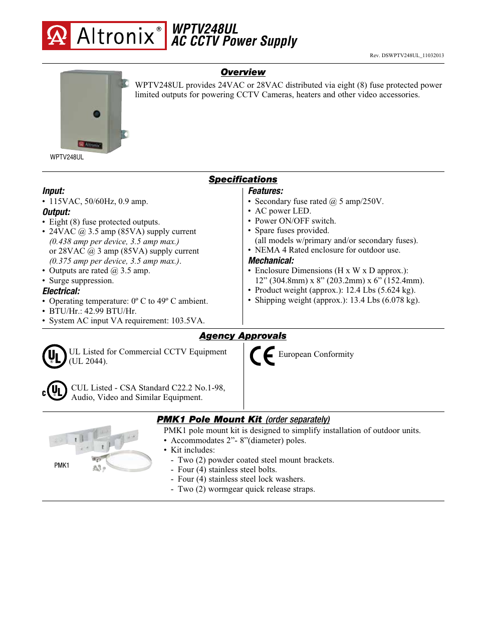 Altronix WPTV248UL Data Sheet User Manual | 2 pages