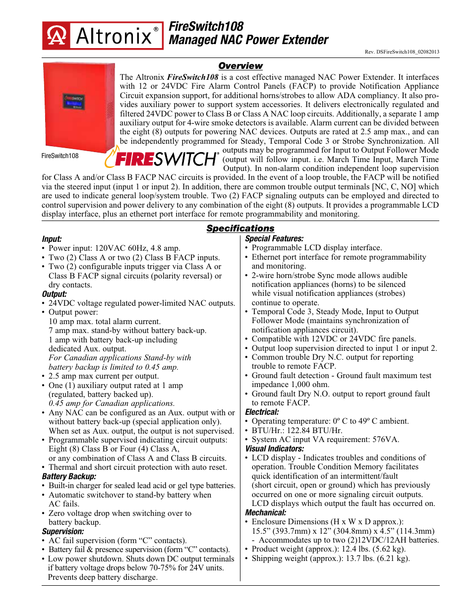 Altronix FireSwitch108 Data Sheet User Manual | 2 pages