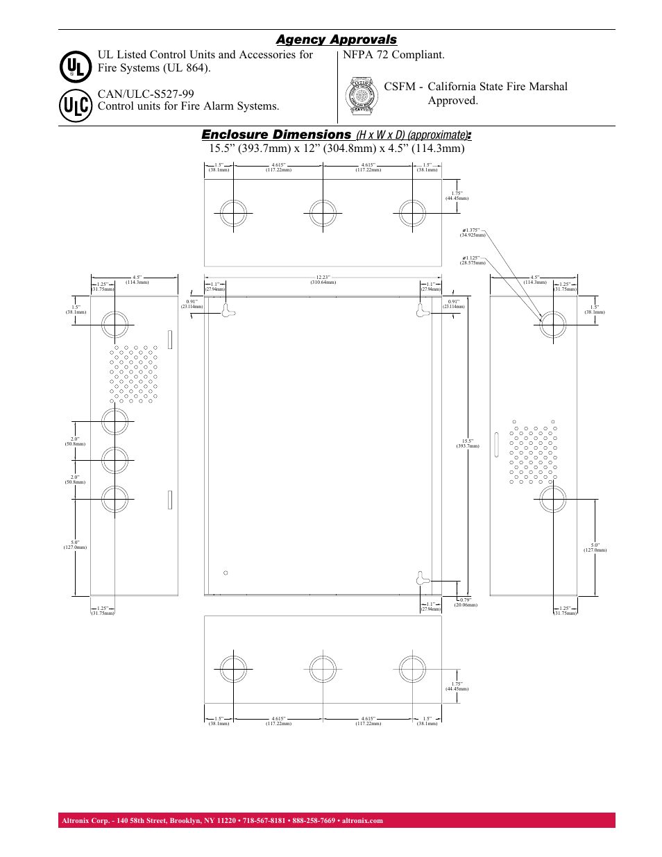 Enclosure dimensions, Agency approvals | Altronix FireSwitch108 Data Sheet User Manual | Page 2 / 2