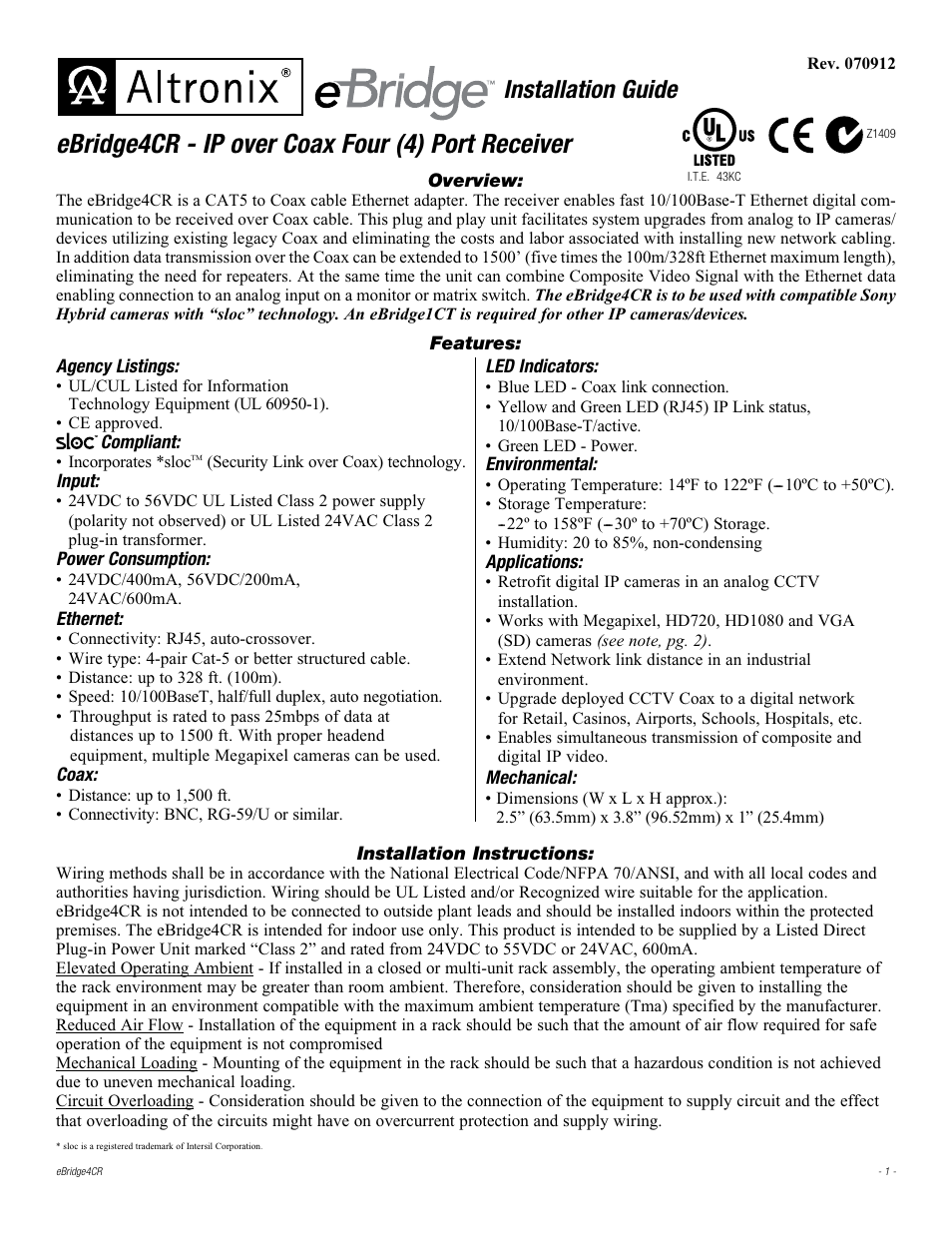 Altronix eBridge4CR Installation Instructions User Manual | 4 pages