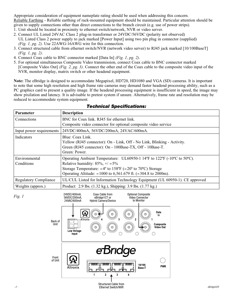 Technical specifications | Altronix eBridge4CR Installation Instructions User Manual | Page 2 / 4