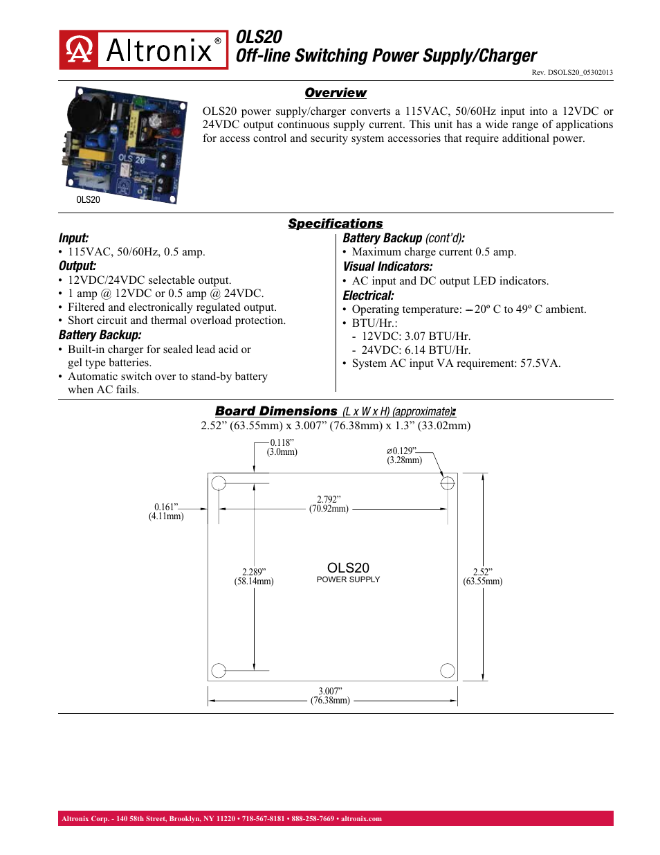 Altronix OLS20 Data Sheet User Manual | 1 page