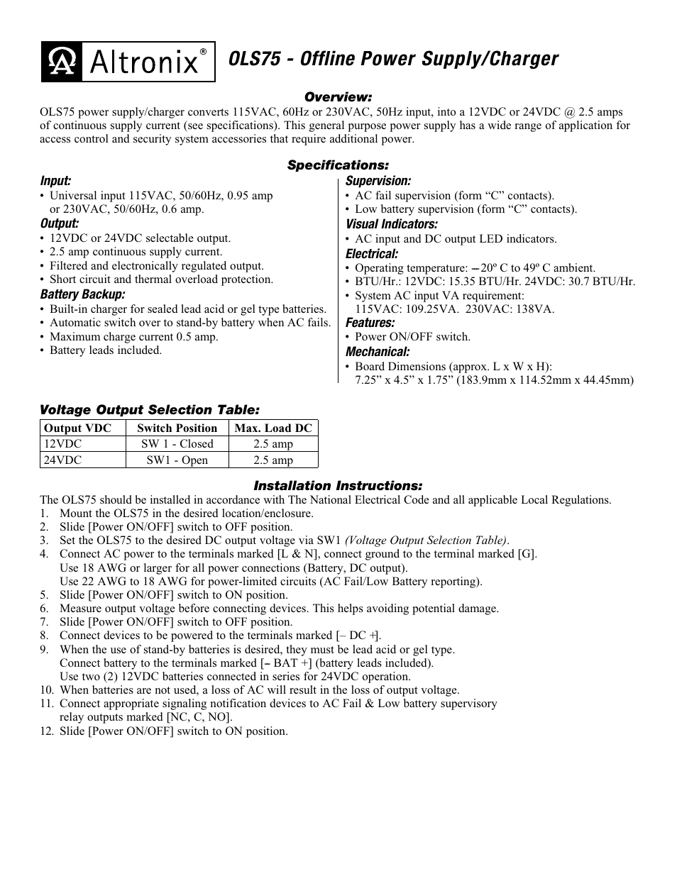 Altronix OLS75 Installation Instructions User Manual | 2 pages