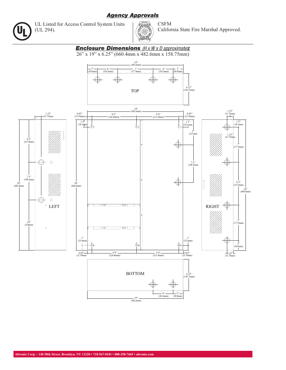 Enclosure dimensions, Agency approvals, Top left right bottom | Altronix Maximal77E Data Sheet User Manual | Page 2 / 2