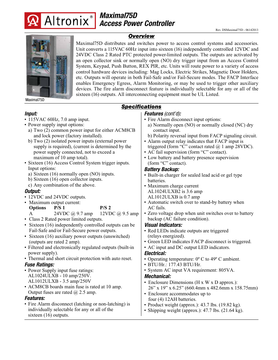 Altronix Maximal75D Data Sheet User Manual | 2 pages