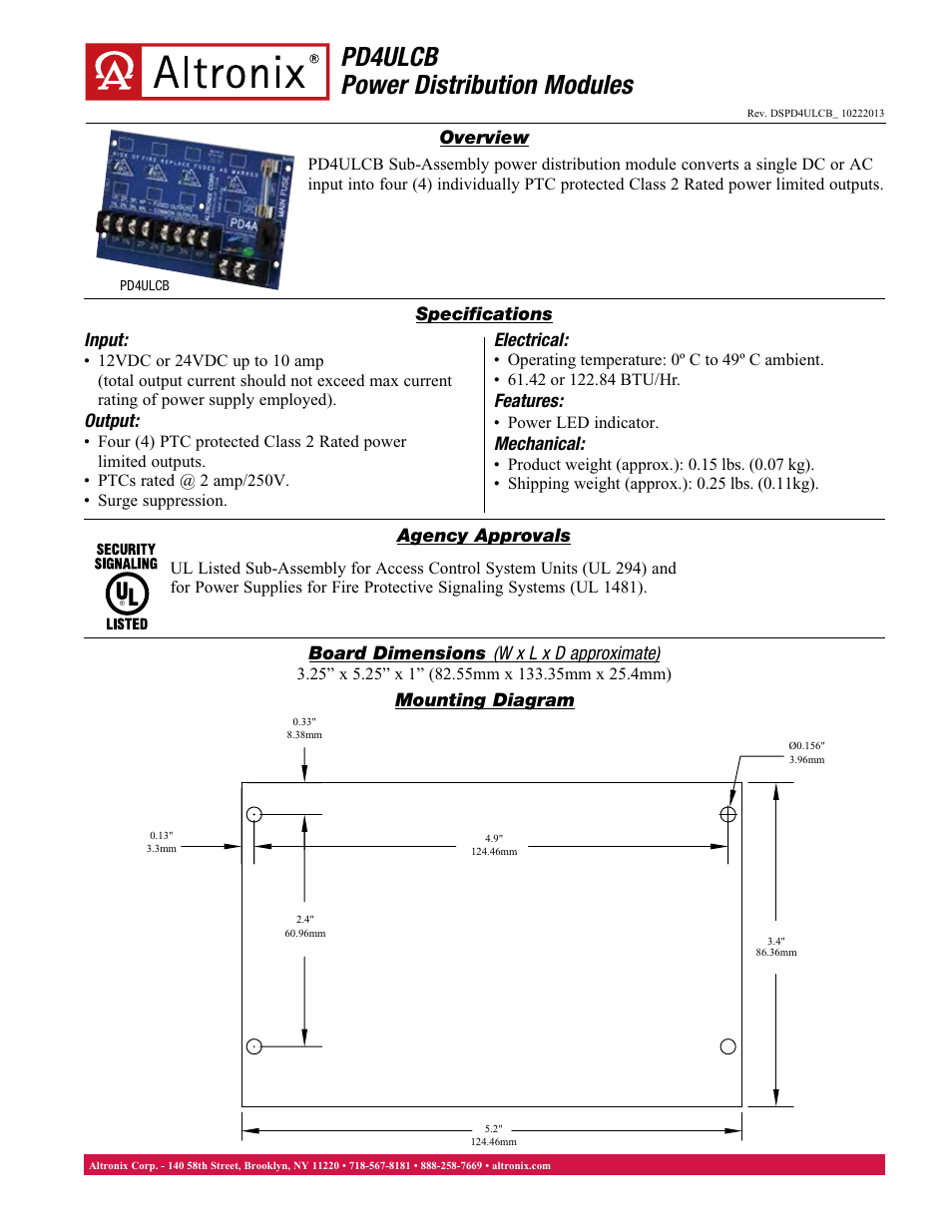 Altronix PD4ULCB Data Sheet User Manual | 1 page