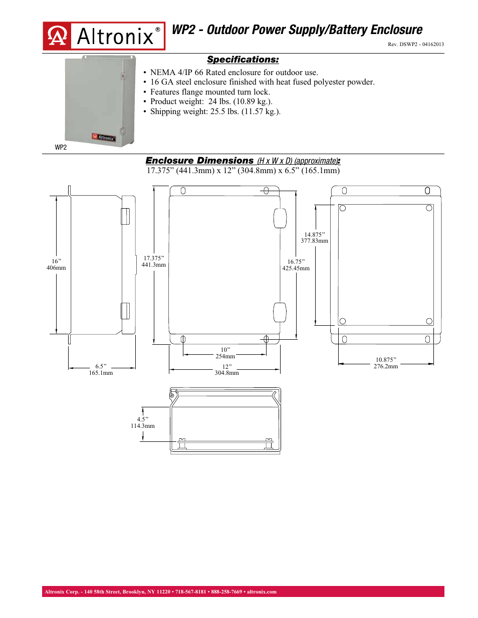 Altronix WP2 Data Sheet User Manual | 1 page