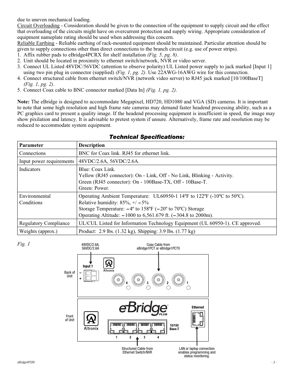 Technical specifications | Altronix eBridge4PCRX Installation Instructions User Manual | Page 3 / 8