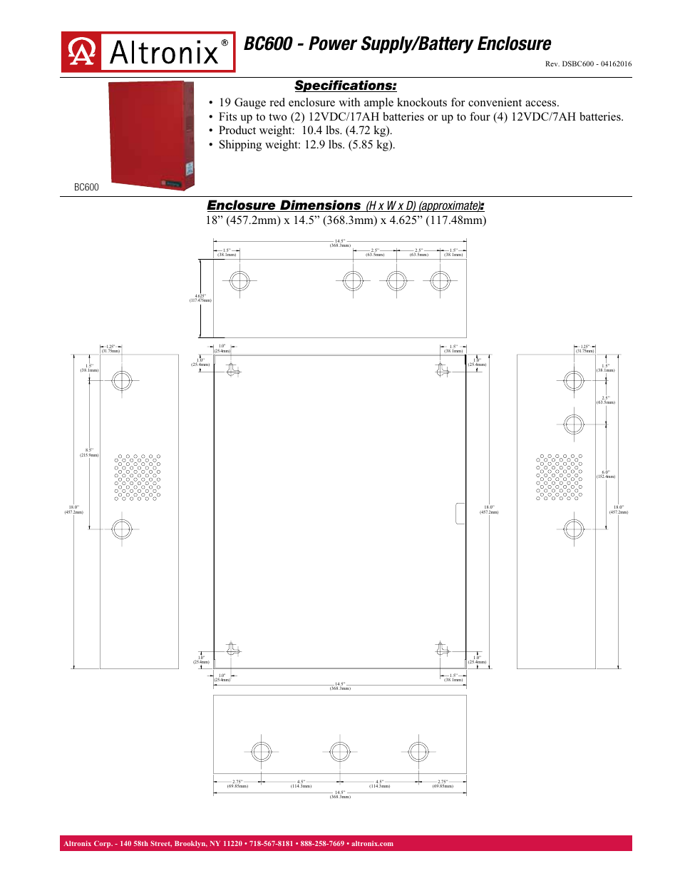 Altronix BC600 Data Sheet User Manual | 1 page