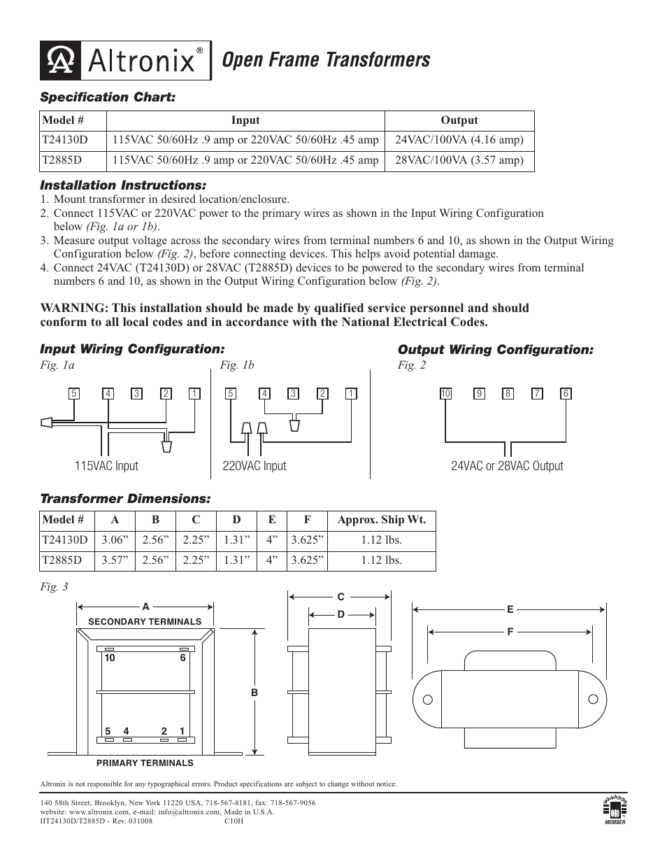 Altronix T24130D Installation Instructions User Manual | 1 page