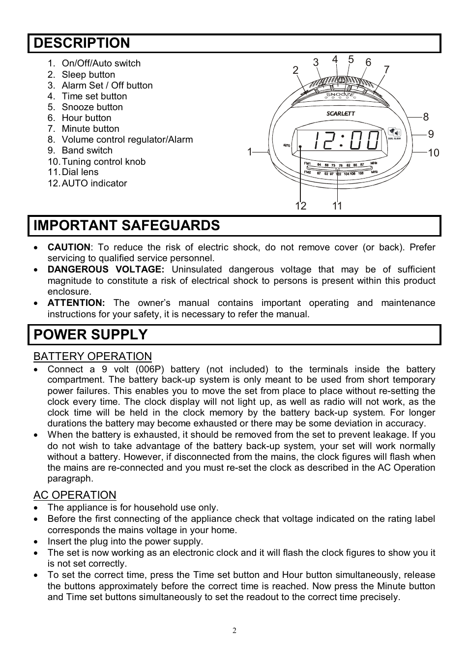 Description, Important safeguards, Power supply | Scarlett SC-4009 User Manual | Page 2 / 6