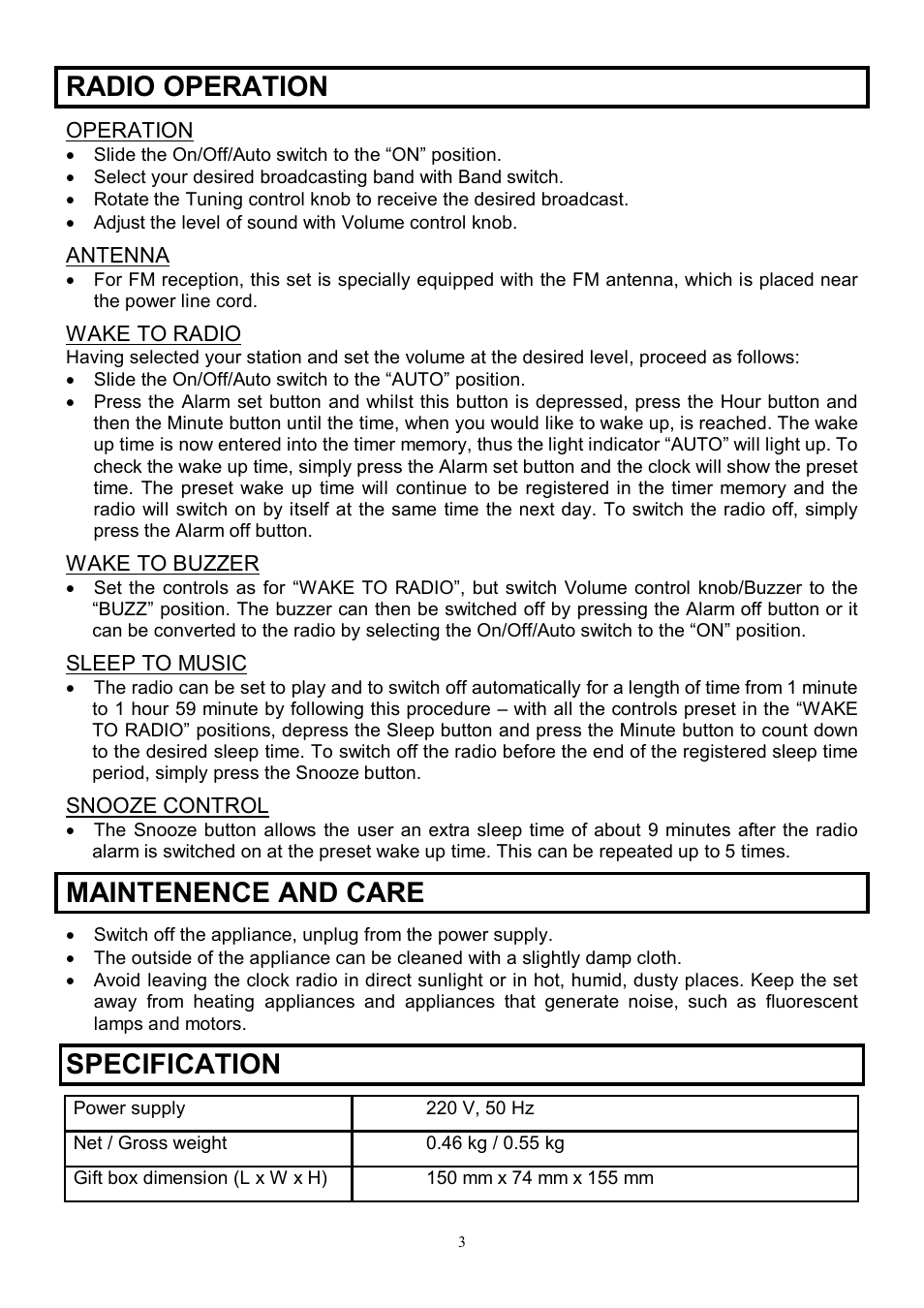 Radio operation, Maintenence and care, Specification | Scarlett SC-4009 User Manual | Page 3 / 6