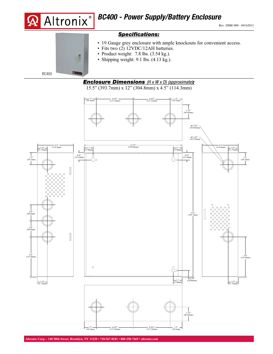Altronix BC400 Data Sheet User Manual | 1 page