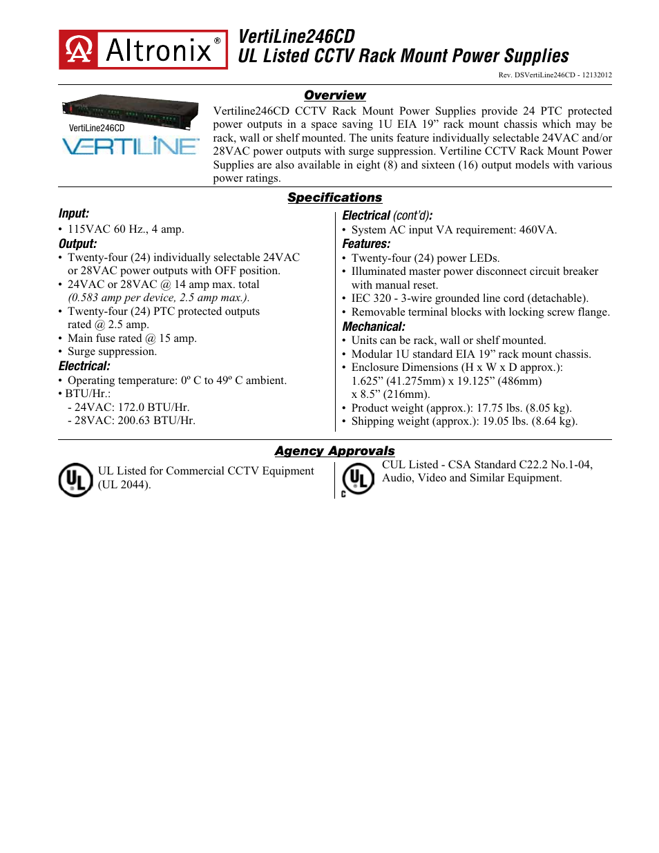 Altronix VertiLine246CD Data Sheet User Manual | 2 pages