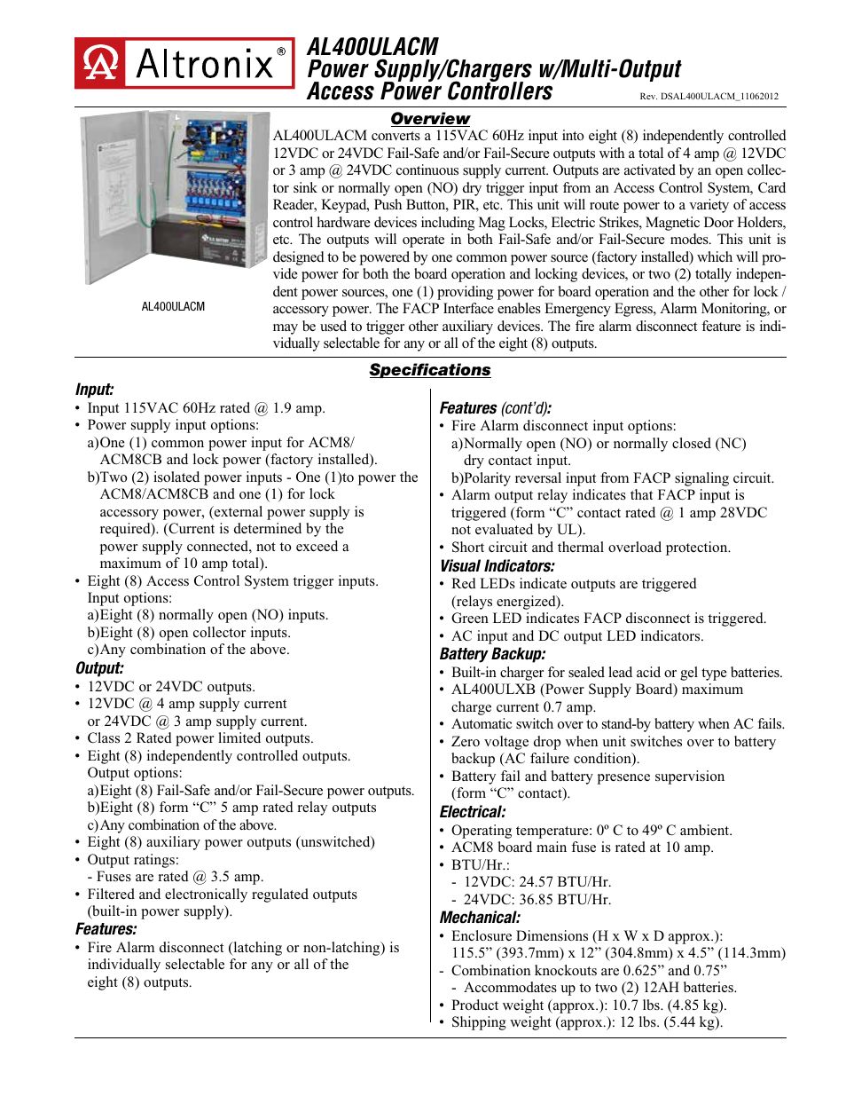 Altronix AL400ULACM Data Sheet User Manual | 2 pages