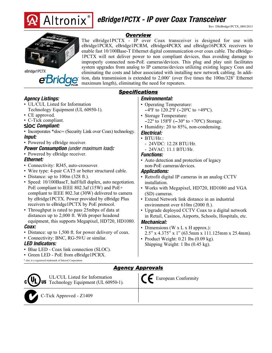 Altronix eBridge1PCTX Data Sheet User Manual | 2 pages