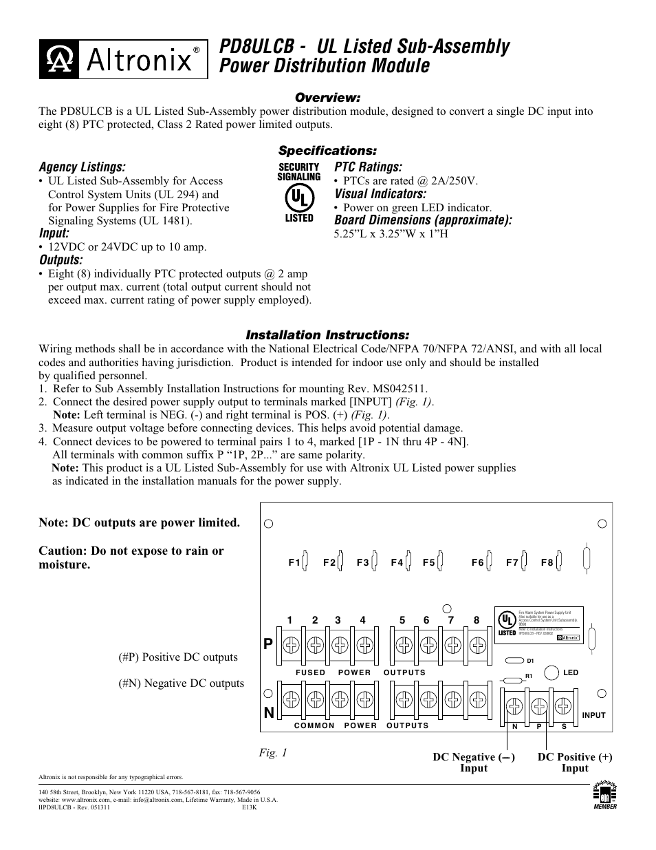 Altronix PD8ULCB Installation Instructions User Manual | 1 page