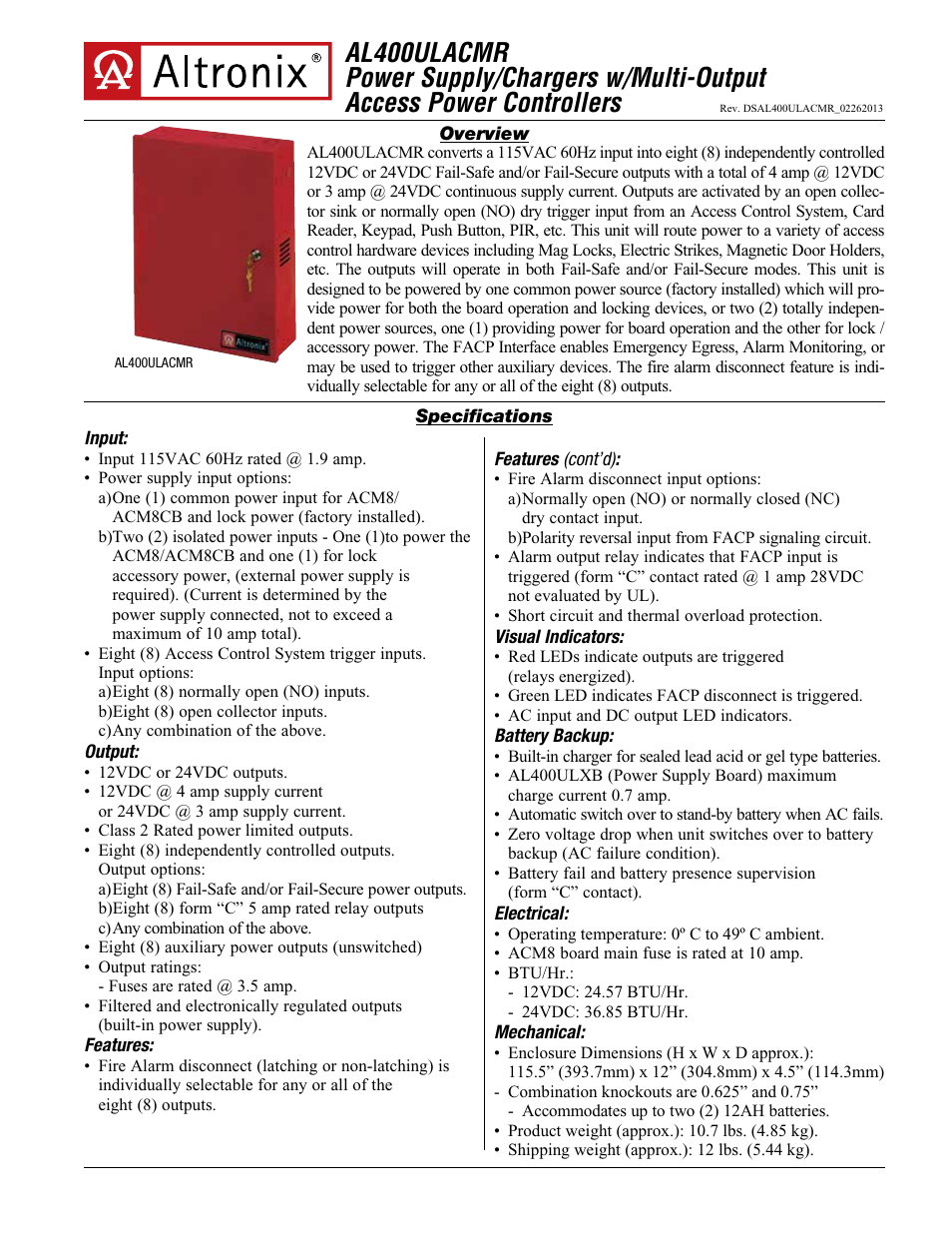 Altronix AL400ULACMR Data Sheet User Manual | 2 pages