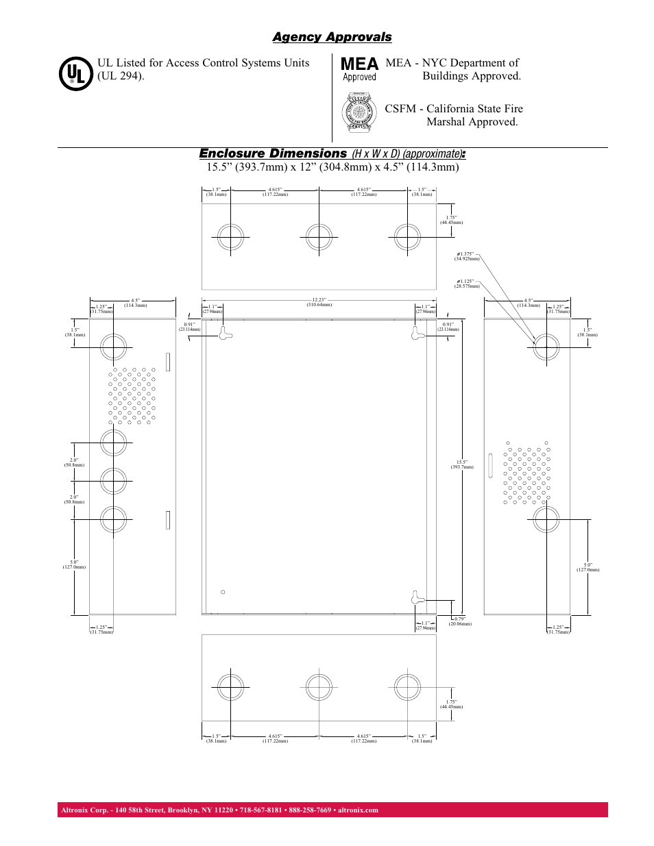 Agency approvals, Enclosure dimensions, Mea - nyc department of buildings approved | Csfm - california state fire marshal approved | Altronix AL400ULACMR Data Sheet User Manual | Page 2 / 2