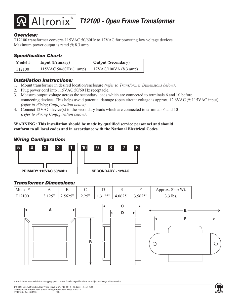 Altronix T12100 Installation Instructions User Manual | 1 page