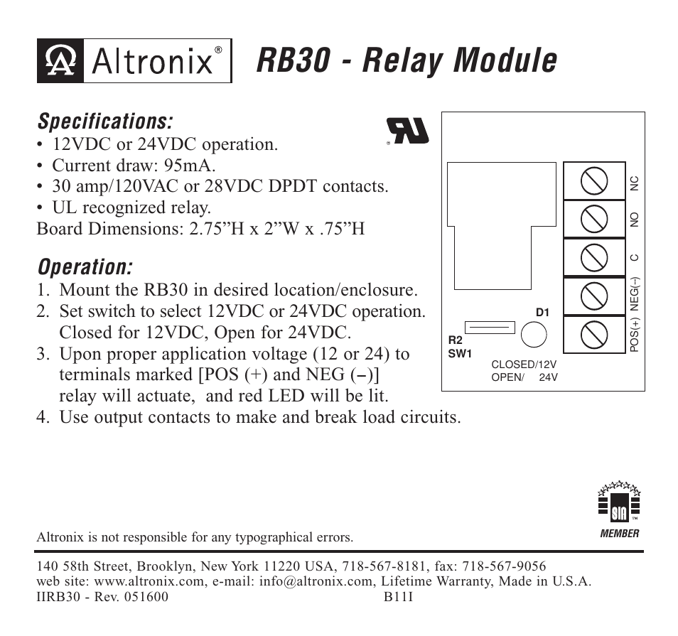 Altronix RB30 Installation Instructions User Manual | 1 page