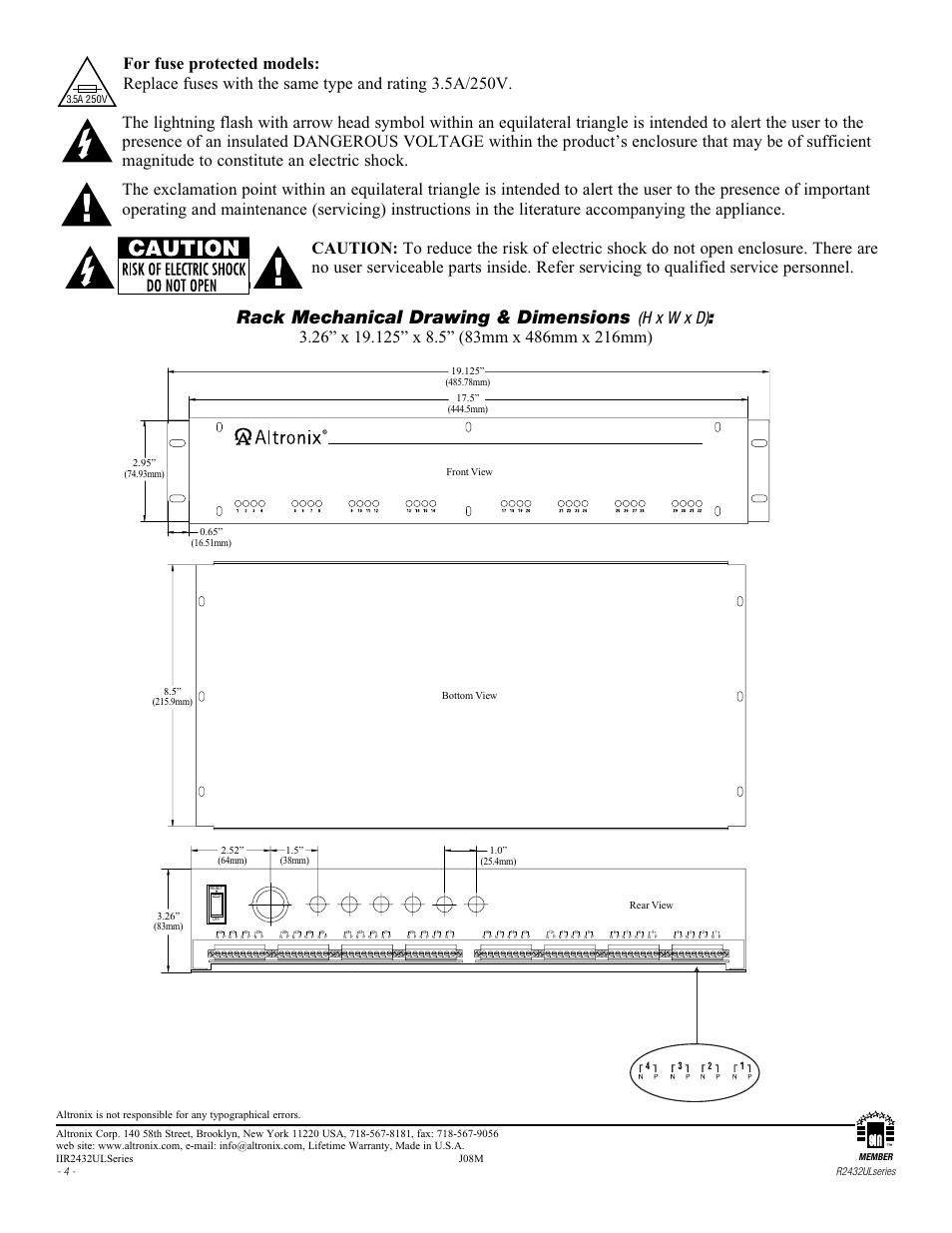 Rack mechanical drawing & dimensions | Altronix R2432600ULCB Installation Instructions User Manual | Page 4 / 4