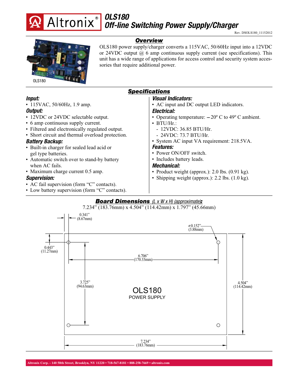 Altronix OLS180 Data Sheet User Manual | 1 page