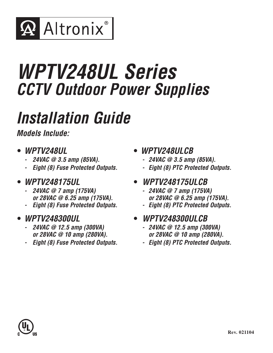 Altronix WPTV248ULCB Installation Instructions User Manual | 8 pages