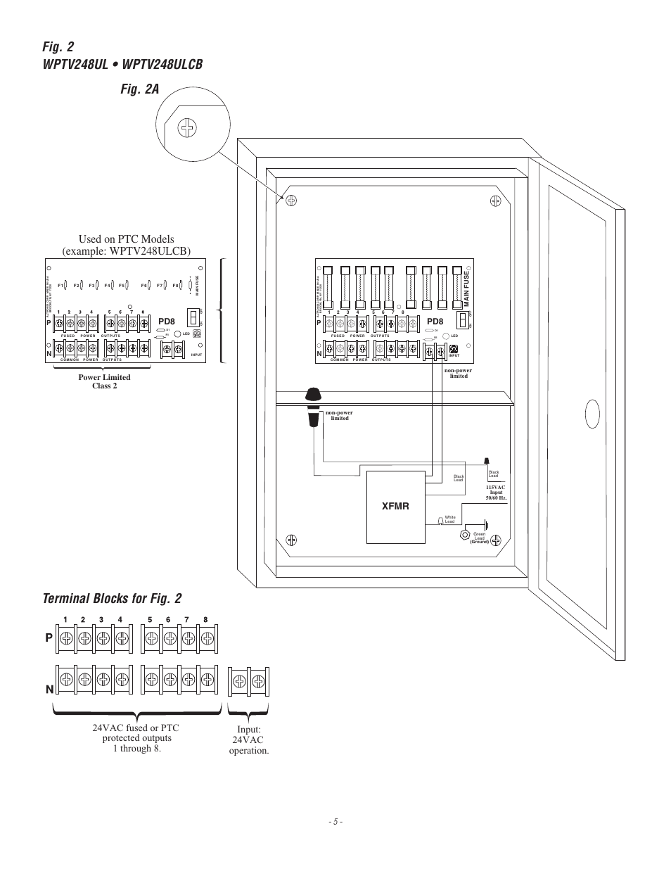 Fig. 2a, Terminal blocks for fig. 2, Used on ptc models (example: wptv248ulcb) | Xfmr, Power limited class 2 | Altronix WPTV248ULCB Installation Instructions User Manual | Page 5 / 8