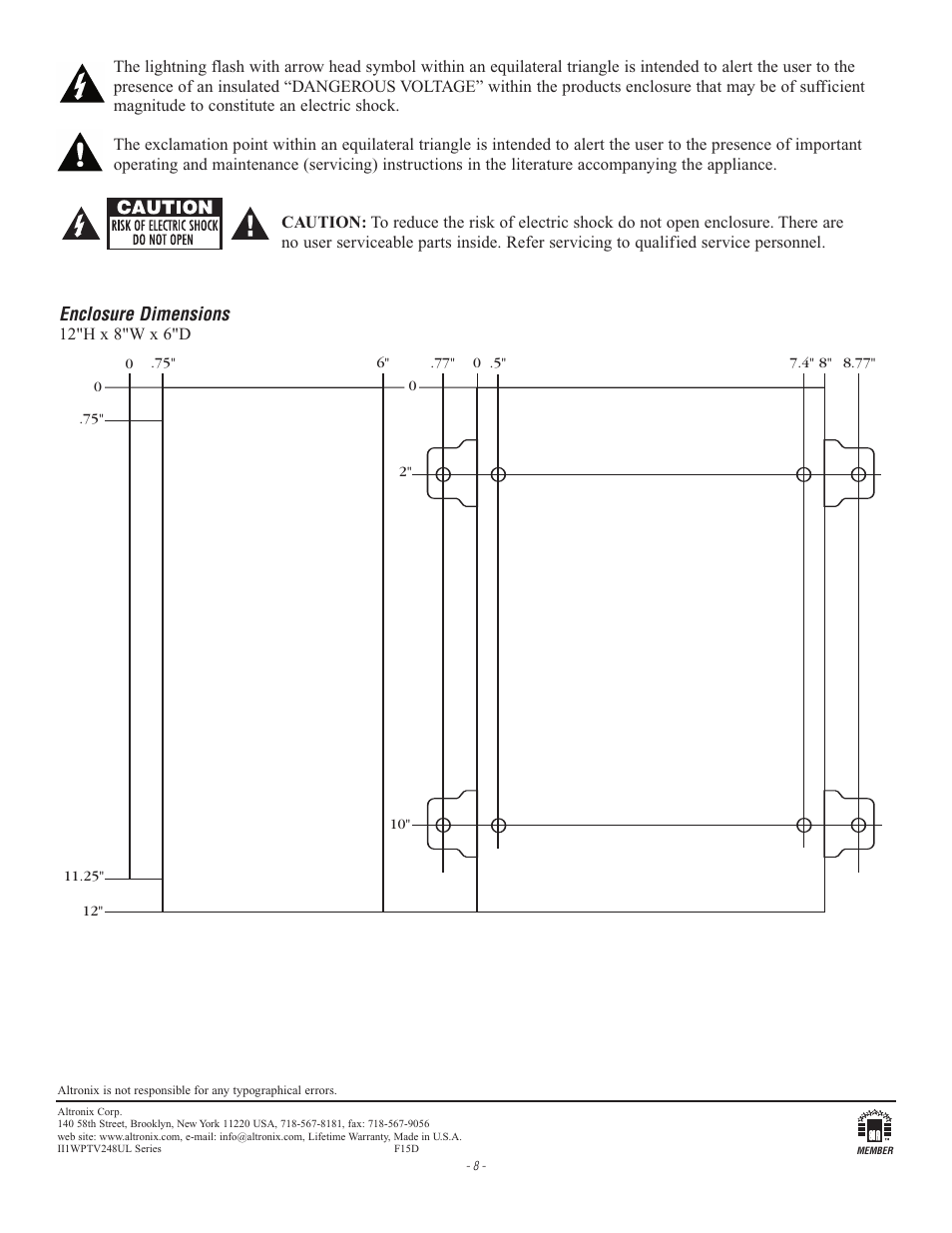 Enclosure dimensions | Altronix WPTV248ULCB Installation Instructions User Manual | Page 8 / 8