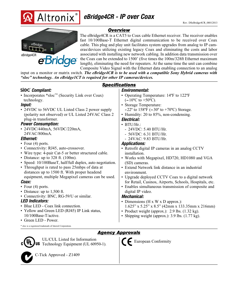 Altronix eBridge4CR Data Sheet User Manual | 3 pages