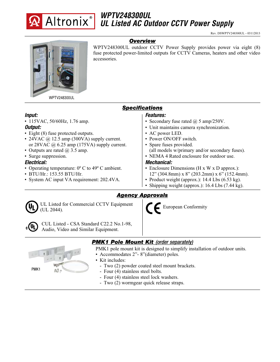 Altronix WPTV248300UL Data Sheet User Manual | 2 pages