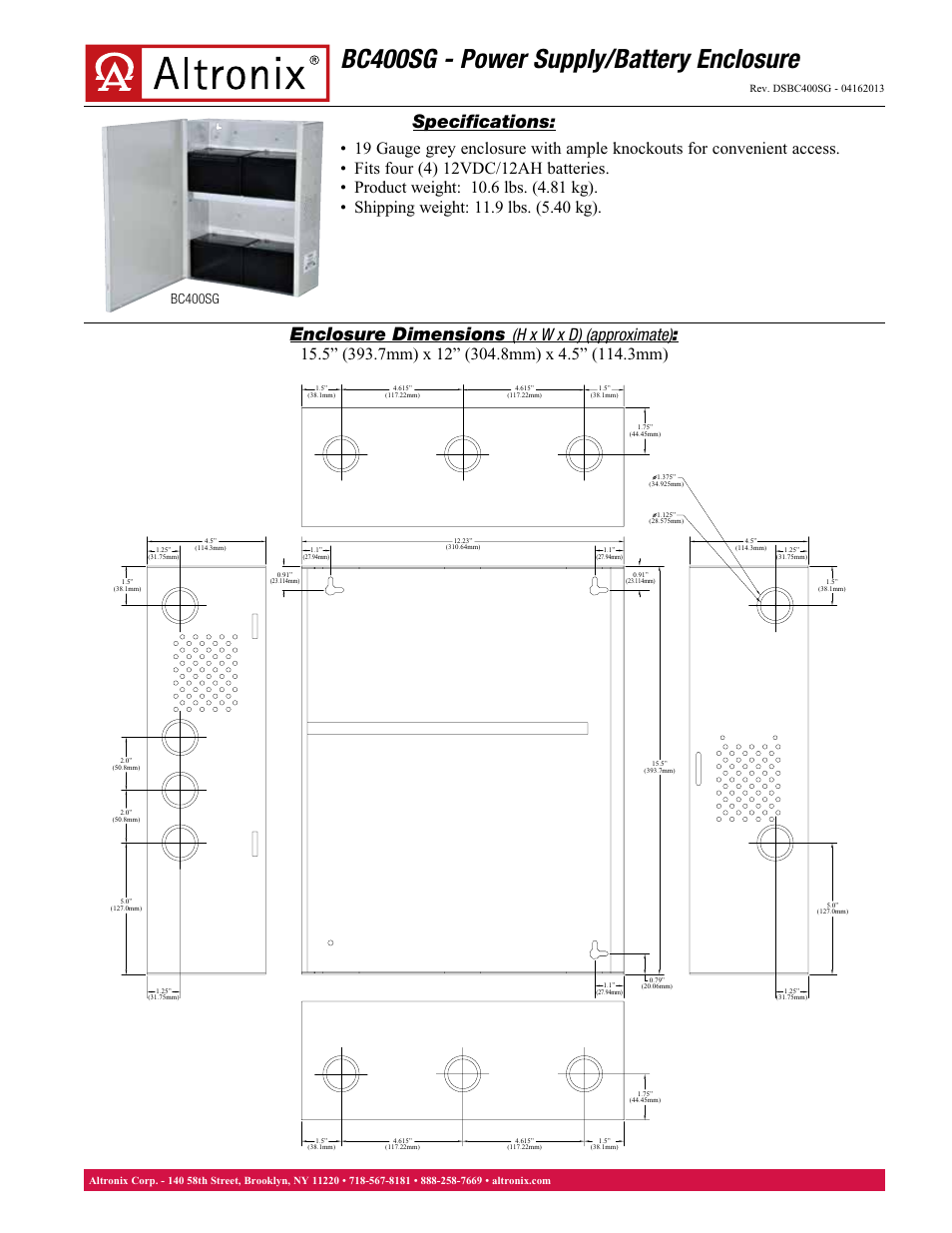 Altronix BC400SG Data Sheet User Manual | 1 page