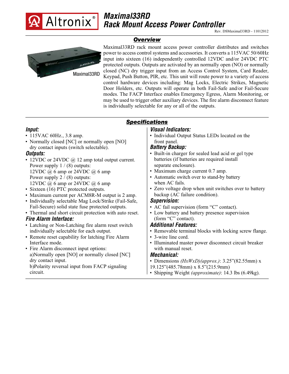 Altronix Maximal33RD Data Sheet User Manual | 2 pages