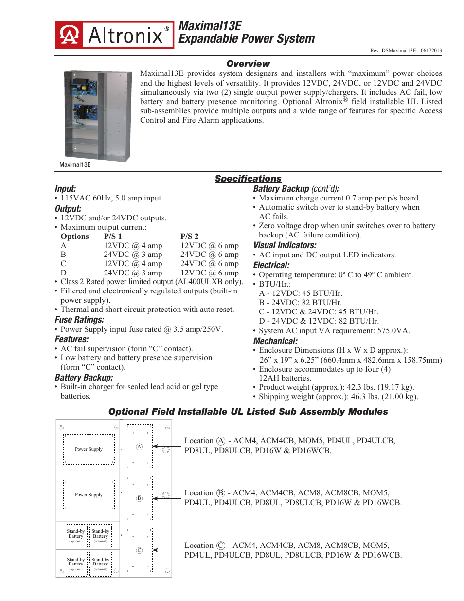 Altronix Maximal13E Data Sheet User Manual | 2 pages