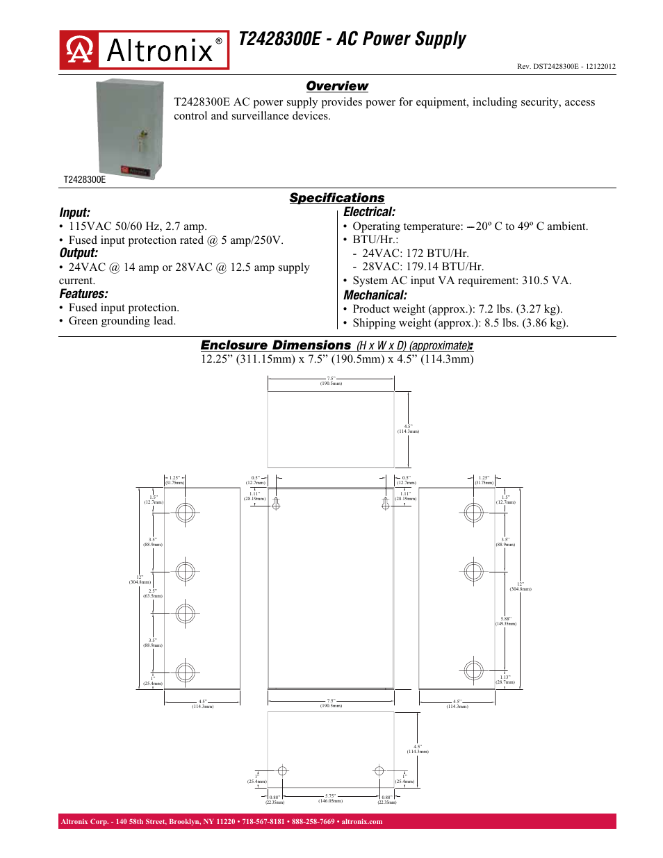 Altronix T2428300E Data Sheet User Manual | 1 page