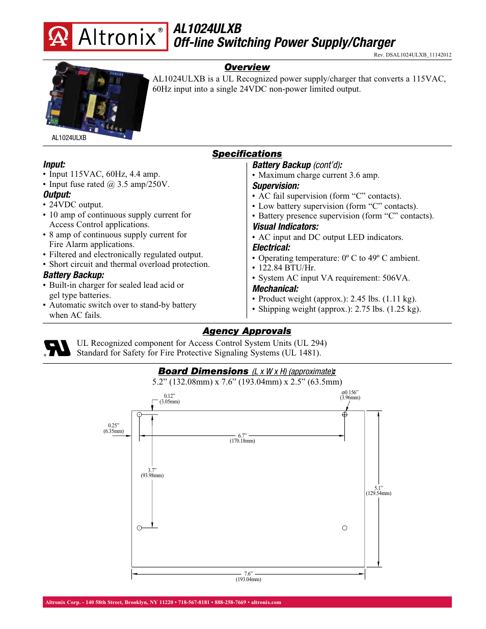 Altronix AL1024ULXB Data Sheet User Manual | 1 page