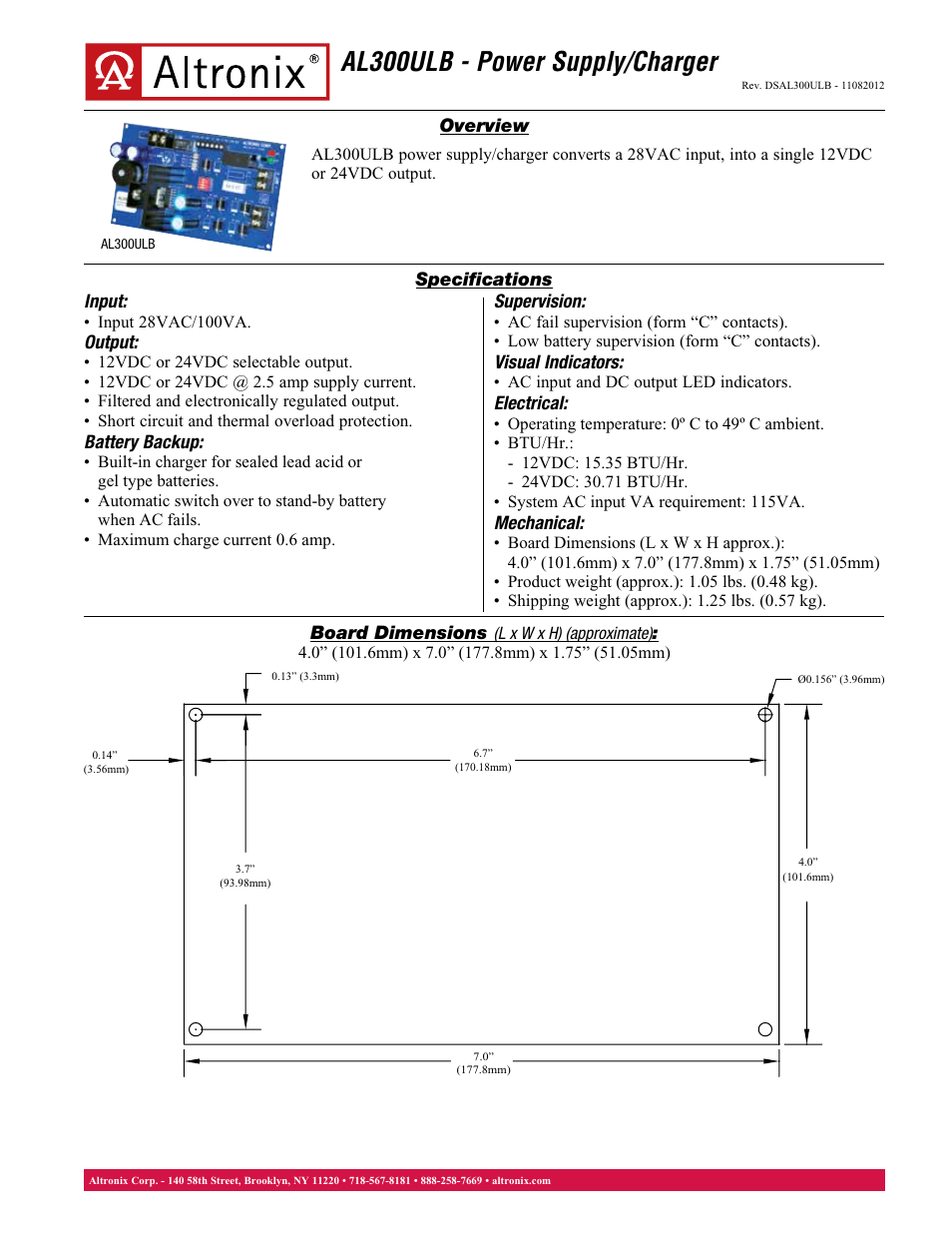 Altronix AL300ULB Data Sheet User Manual | 1 page
