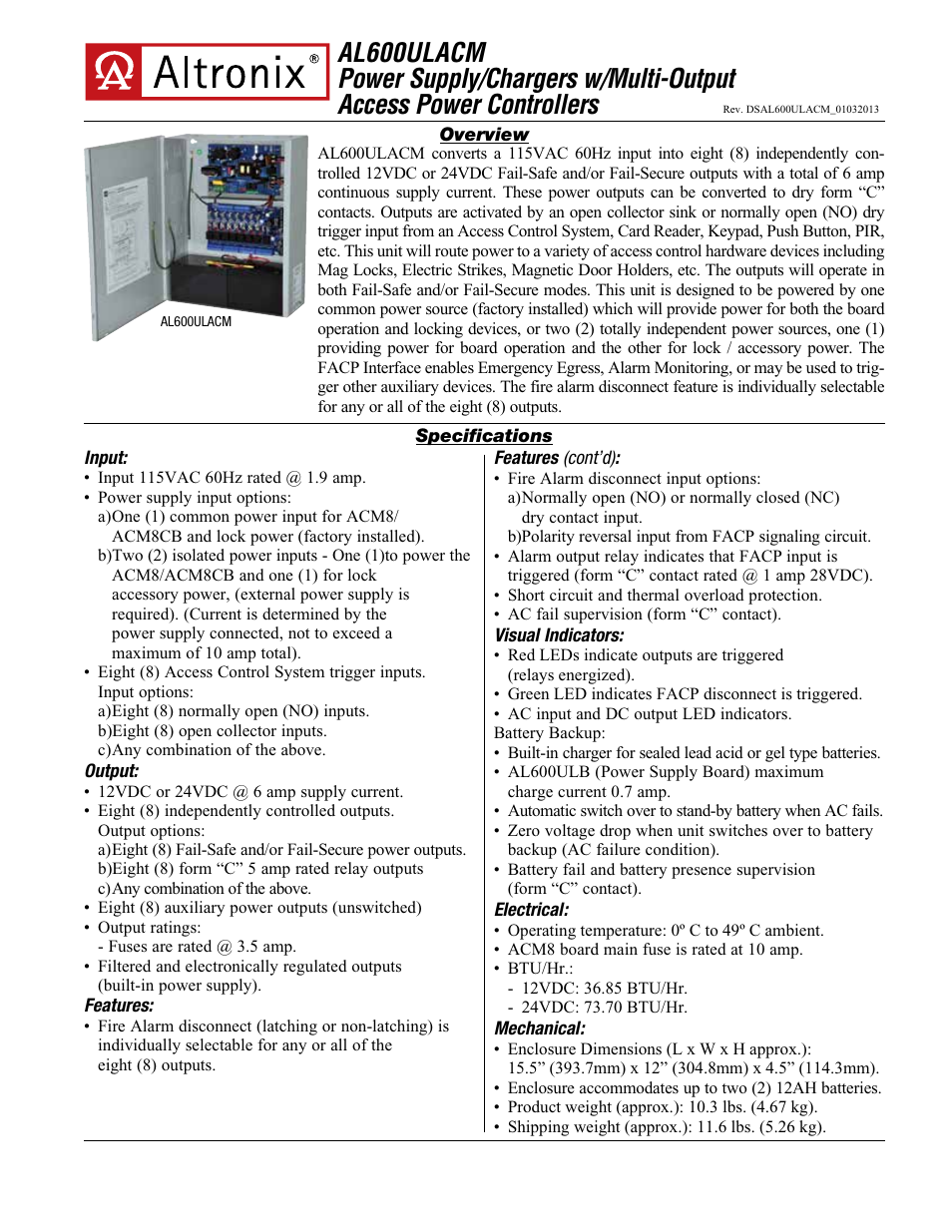 Altronix AL600ULACM Data Sheet User Manual | 2 pages